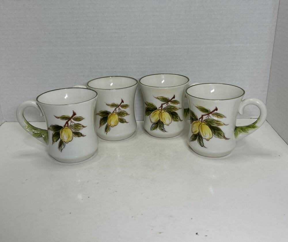 Vtg Josef Originals Ceramic Coffee Mugs Lemon Tree Branches Design Set Of 4